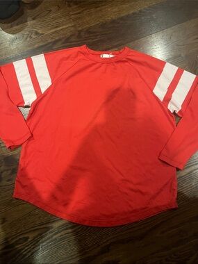 Women's Red Long-Sleeve Raglan Tee with White Sleeve Stripes